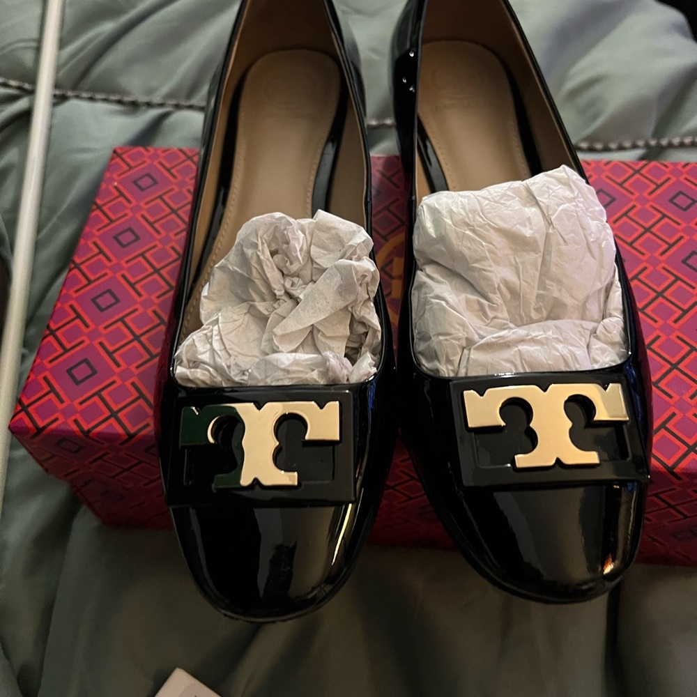 Tory Burch Black Flats with Gold Emblem